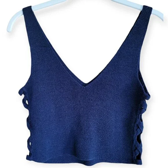 INTERMIX Navy Linen Cotton Knit Tank Crisscross Side Cutout Luxury Top Small - Picture 3 of 10